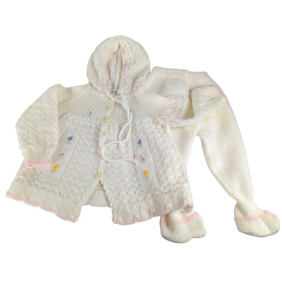 Unbranded Other - Vintage Made In Portugal Baby Girl 3 Month Hooded Sweater Set Acrylic 2 Piece